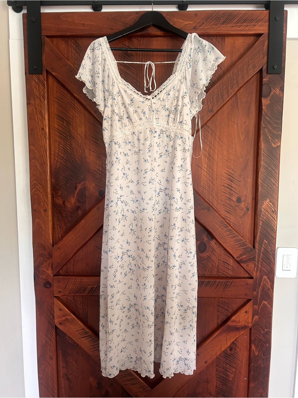 Floral Ivory Midi Dress with Blue Print